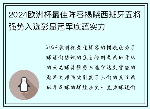 2024欧洲杯最佳阵容揭晓西班牙五将强势入选彰显冠军底蕴实力 2024欧洲杯最佳阵容揭晓西班牙五将强势入选彰显冠军底蕴实力
